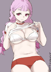  arikindows10 artist_name bra braid breasts buruma center-flap_bangs cleavage closed_mouth clothes_lift female grey_background gym_shirt gym_shorts gym_uniform hand_on_own_chest highres jasminka_antonenko large_breasts little_witch_academia long_hair looking_at_viewer low_twintails navel pink_eyes plump purple_hair red_buruma red_shorts shirt shirt_lift short_bangs short_eyebrows short_shorts shorts simple_background smile solo stomach t-shirt twintails twitter_username underboob underwear white_bra white_shirt 