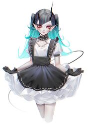  alternate_costume alternate_hairstyle apron black_apron black_gloves black_hair blue_hair breasts cropped_legs demon_girl demon_horns demon_tail doryudory dress enmaided fangs feet_out_of_frame female gloves highres horns long_hair looking_at_viewer maid maid_apron multicolored_hair nanashi_inc. open_mouth pointy_ears puffy_short_sleeves puffy_sleeves red_eyes shishio_chris short_sleeves simple_background small_breasts solo sugar_lyric tail twintails two-tone_hair virtual_youtuber white_background white_dress 