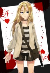  ace_(playing_card) ace_of_hearts black_shorts blonde_hair blue_eyes card female gun hair_between_eyes handgun heart holding holding_gun holding_weapon jacket long_hair long_sleeves looking_to_the_side open_clothes open_jacket playing_card rachel_gardner riarashu_(pixiv3133536) satsuriku_no_tenshi shirt short_shorts shorts solo standing straight_hair striped_clothes striped_shirt very_long_hair weapon white_jacket 