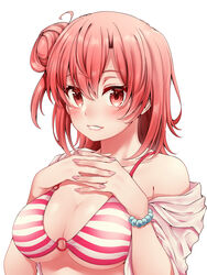  bikini blush bracelet breasts cleavage collarbone female grin hair_between_eyes hair_bun highres jewelry large_breasts long_hair looking_at_viewer nail_polish o-ring o-ring_bikini pink_nails red_eyes red_hair red_hayao simple_background single_hair_bun smile solo striped_bikini striped_clothes swimsuit underboob upper_body white_background yahari_ore_no_seishun_lovecome_wa_machigatteiru. yuigahama_yui 