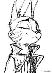  2016 anthro axelegandersson black_and_white clothed clothing disney eyes_mostly_closed fur hi_res judy_hopps lagomorph leporid mammal monochrome narrowed_eyes rabbit scar simple_background smile solo white_background zistopia zootopia 