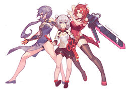  3girls absurdres bare_shoulders black_gloves black_hair black_soldier blue_dress blue_eyes blue_footwear brown_legwear china_dress chinese_clothes closed_mouth double_bun dress food fu_hua fu_hua_(valkyrie_accipiter) full_body gauntlets gloves grin hair_between_eyes hair_bun highres holding holding_food holding_sword holding_weapon honkai_(series) honkai_impact_3rd long_hair looking_at_viewer multiple_girls murata_himeko open_clothes ponytail red_dress red_eyes red_footwear shanzha_(fruit) shoes simple_background sleeveless sleeveless_dress smile sword tanghulu teeth theresa_apocalypse theresa_apocalypse_(valkyrie_pledge) thighhighs weapon white_background white_hair yellow_eyes 