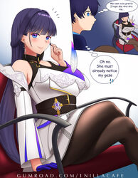  1boy 1nilla&#039; absurdres ara_ara arm_support belt blue_eyes blunt_bangs blush breasts brown_legwear chair crossed_legs detached_sleeves dress earrings emblem english_text feathers female highres honkai_(series) honkai_impact_3rd jewelry joffrey_joyce_yang large_breasts long_hair long_sleeves looking_at_another looking_at_viewer miniskirt pantyhose pleated_dress purple_eyes purple_hair raiden_mei raiden_mei_(apho) romaji_text sitting skirt smile solo_focus speech_bubble thought_bubble twirling_hair very_long_hair white_dress white_skirt 