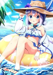  adjusting_clothes adjusting_headwear animal_hat animal_print bikini blue_bikini blue_eyes blue_hair blush day double_bun female flower frilled_bikini frills gochuumon_wa_usagi_desu_ka? hair_bun hair_ornament hat hat_flower hat_ribbon highres inakami innertube jacket kafuu_chino legs ocean open_clothes open_jacket outdoors rabbit_print ribbon sandals solo sun_hat sweat swim_ring swimsuit toes water x_hair_ornament 