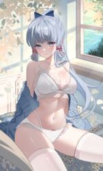  absurdres aqua74286 bare_shoulders blunt_bangs bow bow_bra bow_panties bra breasts cleavage collarbone commentary_request female genshin_impact grey_eyes grey_hair highres indoors kamisato_ayaka large_breasts long_hair looking_at_viewer navel off_shoulder panties sitting skindentation solo stomach thighhighs thighs underwear very_long_hair white_bra white_panties white_thighhighs window 