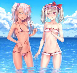  2girls absurdres bad_id bad_pixiv_id bandaid bare_shoulders bikini blue_sky blush bow bracelet breasts chloe_von_einzbern cloud collarbone dark-skinned_female dark_skin day fate/grand_order fate/kaleid_liner_prisma_illya fate_(series) hair_ornament hair_scrunchie highres illyasviel_von_einzbern illyasviel_von_einzbern_(swimsuit_archer) illyasviel_von_einzbern_(swimsuit_archer)_(second_ascension) jewelry long_hair looking_at_viewer multiple_girls navel ocean one_side_up open_mouth orange_eyes orochi_itto outdoors partially_submerged pink_bikini pink_hair red_bow red_eyes scrunchie side_ponytail sky small_breasts smile stomach_tattoo sweatdrop swimsuit tattoo thighs twintails visor_cap wading water wet white_bikini white_hair 