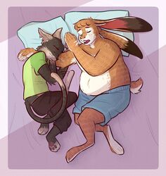  alternate_species ambiguous_gender anthro bangs bed bent_legs bottomwear buckteeth canon_couple cat_tail clothed clothing curled_up domestic_cat duo felid feline felis furniture furrification gammija hare head_on_arm hi_res inner_ear_fluff jonathan_sims lagomorph leporid long_ears lying male_(lore) mammal martin_blackwood notched_ear on_bed on_side overweight overweight_anthro pants pillow plantigrade prick_ears scut_tail shirt short_tail sleeping t-shirt tail teeth the_magnus_archives topwear tuft whiskers 