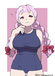  ? alternate_costume arikindows10 arm_behind_back artist_name blue_one-piece_swimsuit braid breasts center-flap_bangs closed_mouth cowboy_shot female hair_ribbon hand_on_own_chest jasminka_antonenko large_breasts little_witch_academia long_hair looking_at_viewer low_twintails one-piece_swimsuit pink_eyes plump purple_background purple_hair ribbon school_swimsuit short_bangs short_eyebrows smile solo standing swimsuit thigh_gap twintails twitter_username two-tone_background white_background 