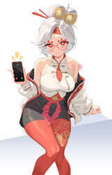  backless_bodysuit bare_shoulders breasts eyeshadow female glasses hair_ornament hair_stick headband highres holding holding_phone jacket large_breasts looking_at_viewer makeup pantyhose phone purah red-framed_eyewear red_eyeshadow red_headband red_pantyhose revvie round_eyewear sheikah solo the_legend_of_zelda the_legend_of_zelda:_tears_of_the_kingdom white_hair 