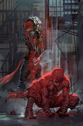  1boy alley black_hair black_pants black_shirt bodysuit boots cable comic_cover cover_image daredevil elektra_natchios english_commentary female fire_escape highres holding holding_weapon horns kael_ngu looking_down marvel mask matt_murdock official_art pants red_bodysuit red_footwear red_scarf sai_(weapon) scarf shirt squatting superhero_costume weapon western_comics_(style) 