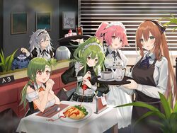  +_+ 6+girls :q antenna_hair apron black_ribbon blue_neckerchief blush breasts broccoli brown_hair brown_ribbon butter_knife cake canine cleavage closed_eyes closed_mouth clothes_hanger contender_(flowerful_maid)_(girls&#039;_frontline) contender_(girls&#039;_frontline) cup drinking_glass eighth_note elbows_on_table flying_sweatdrops food g28_(beer_ranch)_(girls&#039;_frontline) g28_(girls&#039;_frontline) gepard_m1_(contracted_today)_(girls&#039;_frontline) gepard_m1_(girls&#039;_frontline) girls&#039;_frontline green_eyes green_hair grey_hair hair_between_eyes hair_ribbon highres holding holding_clothes_hanger holding_tray iced_tea indoors ketchup ketchup_bottle large_breasts long_hair m950a_(girls&#039;_frontline) m950a_(home_ec_training)_(girls&#039;_frontline) maid maid_apron maid_headdress multicolored_hair multiple_girls musical_note neck_ribbon neckerchief ntw-20_(girls&#039;_frontline) ntw-20_(the_aristocrat_experience)_(girls&#039;_frontline) oerba_yun_fang official_alternate_costume official_art omelet omurice open_mouth own_hands_clasped own_hands_together paper picture_frame pink_eyes pink_hair plant plate potted_plant pouch purple_hair red_eyes ribbon shiba_inu short_hair sitting smile spoon springfield_(girls&#039;_frontline) standing streaked_hair suisai_(suisao) table tablecloth teacup teapot third-party_source thumbs_up tongue tongue_out tray v-shaped_eyebrows very_long_hair window yellow_eyes 