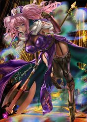  axe black_gloves bodice boots breasts clenched_hand commission female fingerless_gloves garter_straps gloves habit holding holding_weapon kaopon knees_together_feet_apart large_breasts latex long_hair looking_at_viewer nun original parted_lips pelvic_curtain pink_hair purple_eyes skeb_commission smile solo thigh_boots thighhighs twintails weapon 