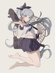  alternate_costume bad_id bad_twitter_id bag bare_legs barefoot blue_neckerchief blue_ribbon blue_skirt blush cup disposable_cup drinking_straw eyelashes feet female flower full_body genshin_impact grey_background grey_eyes grey_hair hair_flower hair_ornament hair_ribbon hands_up highres holding kamisato_ayaka legs long_hair looking_at_viewer midair midriff_peek miniskirt navel neckerchief note_nii open_mouth pleated_skirt ponytail ribbon sailor_collar school_bag school_uniform serafuku shirt sidelocks skirt solo thighs toes very_long_hair white_shirt 