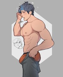  1boy abs bara blue_hair bulge closed_eyes highres i&#039;ve_never_seen_a_guy_recreate_this_successfully_tbh_(meme) jeshiikun male_focus male_underwear meme muscular muscular_male open_mouth orange_male_underwear original pectorals simple_background solo topless_male underwear yawning 