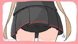  ass black_panties black_skirt border close-up commentary_request female from_behind head_out_of_frame kantai_collection light_brown_hair long_hair murasame_(kancolle) panties pantyshot pink_border pleated_skirt poipoi_purin simple_background skirt solo twintails twitter_username underwear white_background 