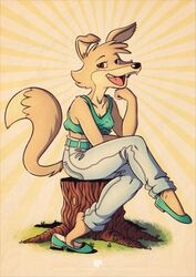  anthro blinky_bill_(series) canid canine canis clothed clothing conditional_dnp daisy_dingo digital_media_(artwork) dingo female footwear fox-pop hi_res mammal open_mouth seductive shoes simple_background sitting sitting_on_stump smile solo tree_stump 