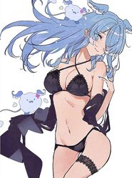  black_bra black_panties black_scarf blue_eyes blue_hair bra breasts cleavage commentary elira_pendora eyelashes eyes_visible_through_hair famelira_(elira_pendora) female hair_over_one_eye hand_in_own_hair head_wings heterochromia kistina lace-trimmed_bra lace-trimmed_panties lace_trim large_breasts lingerie long_hair midriff mole navel nijisanji nijisanji_en one_eye_covered panties purple_eyes scarf smile solo symbol-only_commentary underwear underwear_only virtual_youtuber white_background wings 