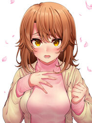  blush brown_hair female hair_between_eyes highres isshiki_iroha jacket long_hair long_sleeves looking_at_viewer open_clothes open_jacket open_mouth petals pink_sweater red_hayao sleeves_past_wrists solo sweater tears upper_body white_background yahari_ore_no_seishun_lovecome_wa_machigatteiru. yellow_eyes yellow_jacket 