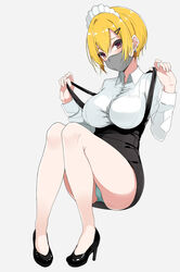  bare_legs black_footwear blonde_hair blush breasts earrings female full_body grey_background grey_mask hair_between_eyes haseneko high_heels highres idolmaster idolmaster_shiny_colors impossible_clothes impossible_shirt invisible_chair jewelry large_breasts looking_at_viewer maid_headdress mask mouth_mask panties pantyshot saijo_juri shirt simple_background sitting skirt solo suspender_skirt suspenders suspenders_pull underwear white_shirt 