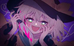  black_hat blood blue_background commentary_request female green_eyes hands_up hat hat_ribbon heart heart-shaped_pupils heart_of_string highres holding holding_knife knife komeiji_koishi looking_at_viewer medium_hair open_mouth pink_blood ribbon sharp_teeth shirt smile solo symbol-shaped_pupils teeth touhou touya_(konpekitou) upper_body wide_sleeves yellow_ribbon yellow_shirt 