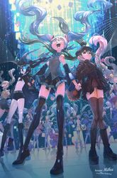  6+girls anniversary aqua_hair bikini black_hair black_rock_shooter black_rock_shooter_(character) boots character_name check_commentary commentary_request detached_sleeves front-tie_bikini_top front-tie_top glowing glowing_eye green_hair hachune_miku halo happy_birthday hatsune_miku highres holding_hands jacket kamippoina_(vocaloid) korokoro_daigorou magical_mirai_(vocaloid) magical_mirai_miku magical_mirai_miku_(2019) magical_mirai_miku_(2022) multiple_girls multiple_persona open_clothes open_jacket open_mouth pink_hair senbonzakura_(vocaloid) shinkai_shoujo_(vocaloid) short_shorts shorts skirt smile song_request songover swimsuit thigh_boots thighhighs twintails vampire_(vocaloid) vocaloid 