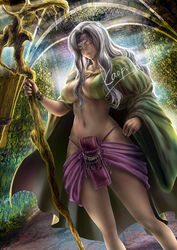  bracelet breasts cloak closed_eyes closed_mouth commission cowboy_shot dark-skinned_female dark_skin female headband highleg highleg_panties holding holding_staff jewelry kaopon kuwari_kubona large_breasts long_hair navel panties purple_headband revealing_clothes skeb_commission smile solo staff stomach underwear white_hair wizardry 