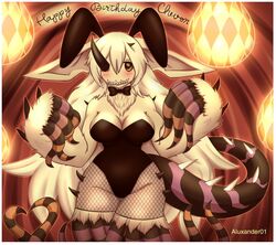  1_eye abstract_background aluxander01 anthro big_breasts blush bow_(feature) bow_in_front bow_tie breasts bunny_costume clothing costume english_text female fishnet_clothing fishnet_legwear fur fur_tuft hair heart_symbol horn hybrid kobolgarde_(pandemonium_wizard_village) lagomorph lamp lantern legwear leporid long_ears long_hair looking_at_viewer mammal monster_tail pandemonium_wizard_village playboy_outfit rabbit red_background sharp_teeth simple_background skinny smile smiling_at_viewer solo teeth tentacle tentacle_creature tentacle_hands tentacle_legs tentacle_limbs text thick_thighs tuft white_body white_fur white_hair 