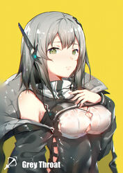  absurdres arknights bare_shoulders black_jacket breasts commentary female grey_eyes grey_hair greythroat_(arknights) hand_on_own_chest highres jacket long_hair looking_at_viewer medium_breasts off_shoulder open_clothes open_jacket simple_background solo upper_body yellow_background yumuto_(spring1786) 