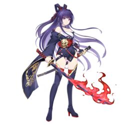  bare_shoulders benghuai_xueyuan female fingerless_gloves fire flaming_sword flaming_weapon full_body gloves hair_ribbon high_heels hokushin_mei holding holding_sword holding_weapon honkai_(series) japanese_clothes katana official_art purple_eyes purple_hair ribbon sarashi sheath sword thighhighs third-party_source transparent_background weapon 