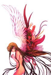  angel_wings asymmetrical_wings body_horror commentary_request completely_nude cowboy_shot eyeball feathered_wings feathers female flower_wings from_side green_hair highres holding holding_feather leaf_wings long_hair mismatched_wings mushroom nude own_hands_together plant_wings profile purple_eyes saitou_nekoichi sayonara_wo_oshiete simple_background snake solo sugamo_mutsuki tendril tentacle tongue very_long_hair white_background white_wings wings 