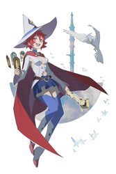  absurdres alcor_(little_witch_academia) animal belt bird blue_skirt blue_thighhighs boots breasts bright_pupils brown_belt cape card cleavage clothing_cutout coattails crow female full_body hair_between_eyes hat highres holding holding_card holding_staff holding_wand knee_boots little_witch_academia long_sleeves looking_at_viewer medium_breasts miniskirt navel_cutout pleated_skirt psylduck red_eyes shiny_chariot shiny_rod_(little_witch_academia) short_hair skirt smile solo staff thighhighs thighhighs_under_boots tower wand white_footwear white_hat white_pupils wide_sleeves witch witch_hat zettai_ryouiki 