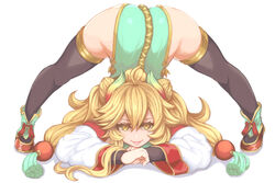  :p ahoge arched_back arm_rest ass black_footwear blonde_hair bun_cover chinese_clothes commentary_request crossed_arms deni_m double_bun female flexible full_body hair_between_eyes hair_bun jack-o&#039;_challenge kinjiraden_kenukigata_tachi looking_at_viewer meme official_alternate_costume pose red_footwear simple_background solo spread_legs stretching tenka_hyakken tongue tongue_out top-down_bottom-up white_background yellow_eyes 