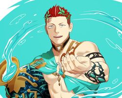  1boy ancient_greek_clothes bara burn_scar greco-roman_clothes holding holding_vase itto_(mentaiko) large_pectorals laurel_crown live_a_hero male_focus muscular muscular_male official_alternate_costume open_mouth pectorals rakta_(live_a_hero) red_hair scar scar_on_face scar_on_forehead short_hair smile solo upper_body vase water 