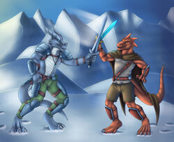  anthro blue_eyes dragon duo fantasy fictional fight grey_body hi_res kardukk kobold koviell male melee_weapon mountain multicolored_body mythological_creature mythological_scalie mythology reptile scalie shaded sword tail training two_tone_body weapon white_body 