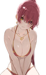  bare_shoulders bikini blush breasts cleavage closed_mouth collarbone commentary earrings female hair_between_eyes halterneck heart heart_earrings heart_necklace heterochromia highres hololive houshou_marine houshou_marine_(summer) icehotmilktea jewelry large_breasts lips long_hair looking_at_viewer necklace official_alternate_costume official_alternate_hair_length official_alternate_hairstyle ponytail red_bikini red_eyes red_hair simple_background solo swimsuit v_arms very_long_hair virtual_youtuber white_background yellow_eyes 