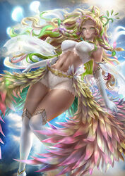  aged_up blonde_hair braid breasts commission duel_monster feathers female gloves green_eyes green_hair kaopon kneehighs looking_at_viewer medium_breasts multicolored_hair navel parted_lips pink_hair pixiv_commission reeshaddoll_wendi smile socks solo sunlight twin_braids wavy_hair white_gloves yu-gi-oh! 