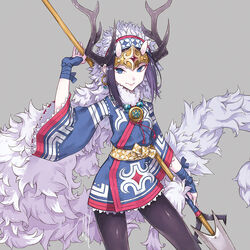  antler_ornament antlers aterui_(eiyuu_senki) blue_eyes earrings eiyuu_senki eiyuu_senki_ww fur_collar grey_background holding holding_polearm holding_weapon horns jewelry oni_horns pantyhose photoshop_(medium) polearm purple_hair satoma_makoto signature simple_background single_earring spear weapon wide_sleeves 