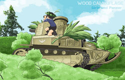  aoneco bike_shorts binoculars bird black_footwear blue_jacket blue_sky boots brown_hair character_name cloud cloudy_sky commentary_request day duck emblem english_text female girls_und_panzer head_wreath holding holding_binoculars isobe_noriko jacket military military_uniform military_vehicle motor_vehicle ooarai_military_uniform outdoors partial_commentary short_hair sky sleeves_rolled_up solo squatting tank tree type_89_i-gou uniform 