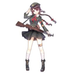  armband beret black_footwear black_skirt boots braid breasts brown_hair colored_shoe_soles female footwear_ornament full_body girls&#039;_frontline green_hat green_jacket gun hat hat_ornament holding holding_weapon jacket kan_(rainconan) large_breasts leg_wrap long_hair long_sleeves looking_at_viewer military military_uniform neckerchief official_art open_mouth purple_eyes red_armband red_neckerchief rifle salute shirt simple_background skirt sks solo standing star_(symbol) star_hat_ornament thigh_strap third-party_source transparent_background twin_braids type_56_carbine_(girls&#039;_frontline) uniform weapon white_shirt 