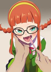  1boy aikatsu!_(series) aikatsu_stars! black-framed_eyewear blush braid brushing_another&#039;s_teeth fangs female glasses gradient_background green_eyes green_shirt grey_background hairband highres long_sleeves looking_at_viewer neck_ribbon orange_hair osame pov pov_hands red_ribbon ribbon saliva saotome_ako shirt twin_braids twintails 