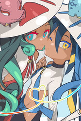  2girls absurdres black_hair cheek-to-cheek colored_skin crop_top dark-skinned_female dark_skin elephant eyeliner fate/grand_order fate_(series) green_eyes green_hair hair_between_eyes hat heads_together highres long_hair long_sleeves makeup midriff multicolored_hair multiple_girls ponytail shirt siblings sidelocks single_sleeve sisters streaked_hair tia_(cocorosso) trung_nhi_(fate) trung_trac_(fate) tsurime vietnamese_dress wavy_hair white_headwear white_shirt yellow_eyes 