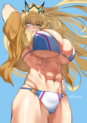  abs arm_behind_head arm_up bare_shoulders barghest_(fate) barghest_(swimsuit_archer)_(fate) barghest_(swimsuit_archer)_(final_ascension)_(fate) barghest_(swimsuit_archer)_(first_ascension)_(fate) biceps bikini blonde_hair breasts cleavage fate/grand_order fate_(series) female green_eyes grin high_ponytail highres horns huge_breasts kuremon long_hair looking_at_viewer multicolored_bikini multicolored_clothes muscular muscular_female navel shirt short_sleeves smile solo swimsuit thick_thighs thighs underboob white_bikini yellow_shirt 