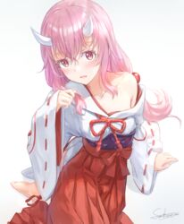  arm_support barefoot blush breasts cleavage collarbone commentary_request eyelashes female hair_between_eyes hakama hakama_pants horns japanese_clothes lips long_hair long_sleeves looking_at_viewer low-tied_long_hair oerba_yun_fang off_shoulder oni oni_horns open_mouth pants pink_eyes pink_hair red_hakama ribbon-trimmed_sleeves ribbon_trim sankareien shuna_(tensei_shitara_slime_datta_ken) sidelocks signature simple_background sitting small_breasts solo tensei_shitara_slime_datta_ken white_background wide_sleeves 