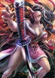  angry bare_shoulders black_hair body_markings breasts clenched_teeth commission cracked_skin female fingernails foreshortening hair_ribbon horns japanese_clothes kamado_nezuko kaopon katana kimetsu_no_yaiba kimono large_breasts long_hair looking_at_viewer obi off_shoulder red_eyes ribbon sash sharp_fingernails single_horn skeb_commission solo sword teeth veins very_long_hair weapon 