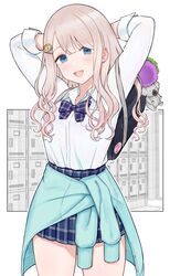  :d arms_up bag blush bow bowtie cardigan cardigan_around_waist clothes_around_waist cowboy_shot earrings female gradient_hair grey_hair hallway hands_on_own_head highres idolmaster idolmaster_shiny_colors jewelry koala locker long_hair looking_at_viewer loose_bowtie multicolored_hair open_collar pink_hair round_teeth school_bag serizawa_asahi shirt shirt_tucked_in skirt skirt_rolled_up smile solo sukeroku_(treeee) teeth wavy_hair white_shirt 