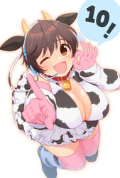  ;d animal_ears animal_print bell belt_collar bikini blush breasts brown_eyes brown_hair cleavage collar cow_ears cow_horns cow_print cow_tail cowbell elbow_gloves fake_animal_ears fake_horns fake_tail female from_above gloves headset highres horns idolmaster idolmaster_cinderella_girls idolmaster_cinderella_girls_starlight_stage index_finger_raised james_(jms-pnt) large_breasts loafers looking_at_viewer looking_up oikawa_shizuku ok_sign one_eye_closed open_mouth pink_gloves pink_thighhighs shoes short_hair simple_background smile socks solo speech_bubble swimsuit tail thighhighs white_background 