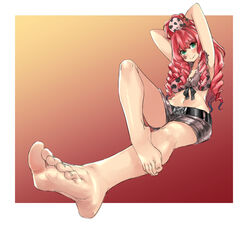  armpits barefoot belt closed_mouth drill_hair eiji_(eiji) facial_mark feet female full_body fur_trim highres kyokugen_dasshutsu kyokugen_dasshutsu_adv:_zennin_shibou_desu long_hair looking_at_viewer navel pink_hair shorts smile soles solo toes yotsuba_(kyokugen_dasshutsu) 