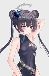  arm_behind_head armpits black_dress black_hair blue_archive butterfly_hair_ornament china_dress chinese_clothes commentary_request double_bun dress female grey_eyes groin hair_between_eyes hair_bun hair_ornament halo hgdnmlj highres kisaki_(blue_archive) long_hair looking_at_viewer no_panties parted_lips pelvic_curtain presenting_armpit print_dress side_slit sidelocks simple_background sleeveless solo twintails white_background 