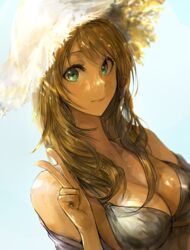  bikini bikini_top_only blonde_hair blue_background breasts chan1moon cleavage female green_eyes hat highres hoshii_miki idolmaster idolmaster_(classic) idolmaster_million_live! idolmaster_million_live!_theater_days large_breasts long_hair looking_at_viewer simple_background smile solo straw_hat swimsuit v 