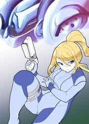  armor assault_visor berusuke_(beru_no_su) blonde_hair blue_bodysuit blue_eyes blue_visor bodysuit closed_mouth commentary_request female gun handgun holding holding_gun holding_weapon long_hair looking_at_viewer metroid paralyzer ponytail samus_aran solo varia_suit weapon zero_suit 